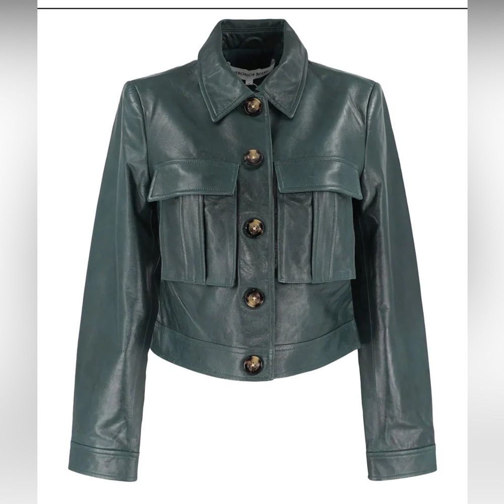 Veronica Beard Green Leather Cropped Jacket